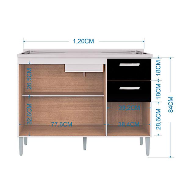 Imagem de Balcão de Cozinha para Pia 3 Portas 2 Gavetas Branco/Preto 508 - Poquema