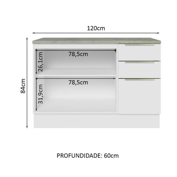 Imagem de Balcão de Pia 120 cm 2 Portas 3 Gavetas Branco/Branco Veludo Lux Madesa