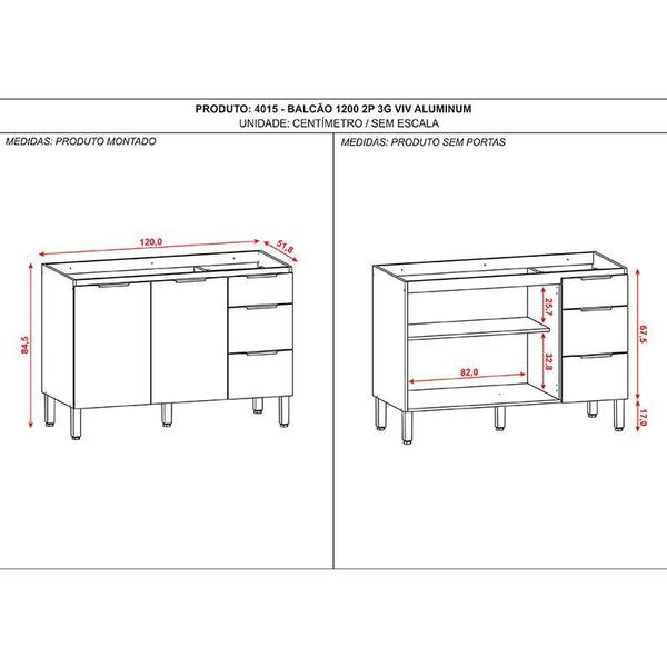 Imagem de Balcão de Pia Viv Aluminum 120 cm 2 Portas e 3 Gavetas Freijó Vanilla - Kits Paraná