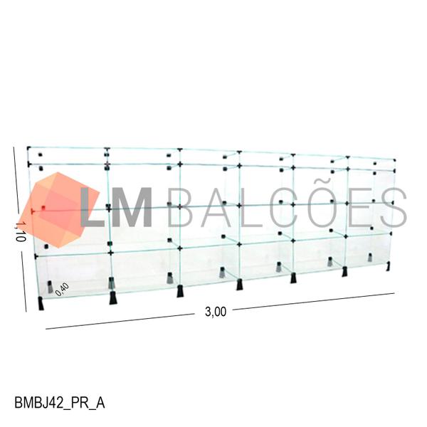 Balcão de Vidro com Porta Bijuteria - C/ Conectivo Preto - MOD.50 - 3,00 x 1,10 x 0,40m - LM Balcões Imagem de Balcão de Vidro com Porta Bijuteria - C/ Conectivo Preto - MOD.50 - 3,00 x 1,10 x 0,40m