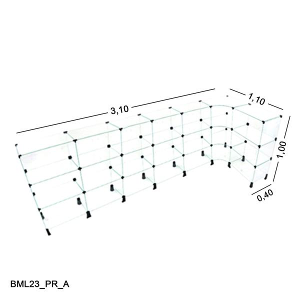 Imagem de Balcão de Vidro em L - C/ Conectivo Preto MOD.50 - 3,10 x 1,00 x 1,10 x 0,40m