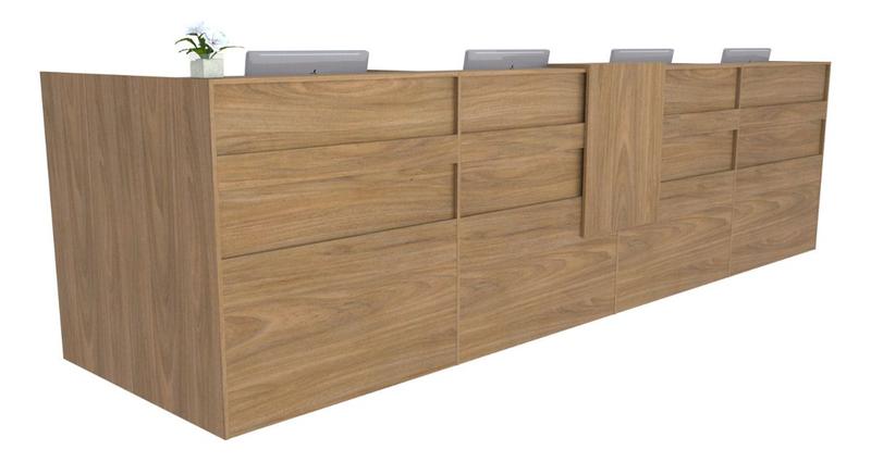 Balcão em L Recepção Caixa 491cm Freijó Syncro - Premium 1.1 - Marcenaria Online Imagem de Balcão em L Recepção Caixa 491cm Freijó Syncro - Premium 1.1