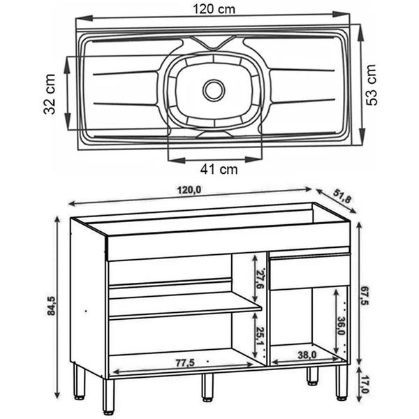 Imagem de Balcão Gabinete 3 Portas com Pia 120cm Lina K02 Gris - Mpozenato