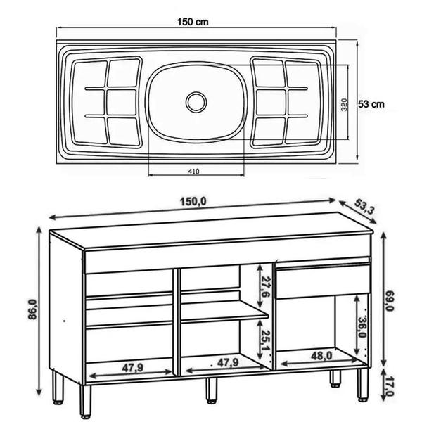 Imagem de Balcão Gabinete 3 Portas com Pia 150cm Lina K02 Vanilla - Mpozenato