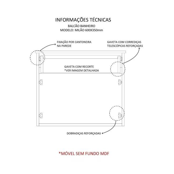 Imagem de Balcão Gabinete Banheiro Milão Com Cuba 100% Mdf - 60Cm