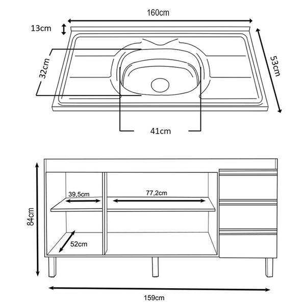 Imagem de Balcão Gabinete Com Pia 160cm 3 Portas Karen P14 Nature/Off White - Mpozenato