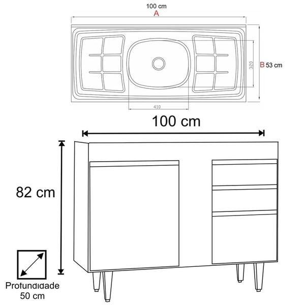 Imagem de Balcão Gabinete Com Pia Inox 100cm 2 Portas 2 Gavetas Luziania Castanho/Preto - Lumil Móveis