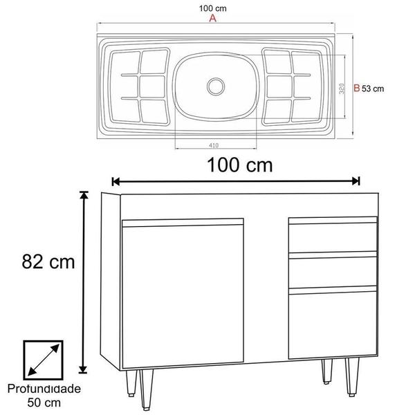 Imagem de Balcão Gabinete Com Pia Inox 100cm 3 Portas 2 Gavetas preto