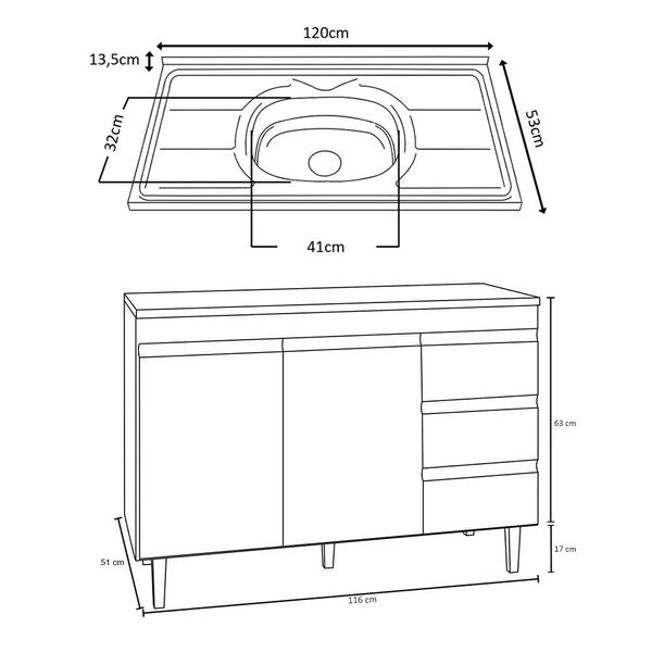 Imagem de Balcão Gabinete com Pia Inox 120cm 2 Portas 3 Gavetas Andréia Branco - AJL Móveis