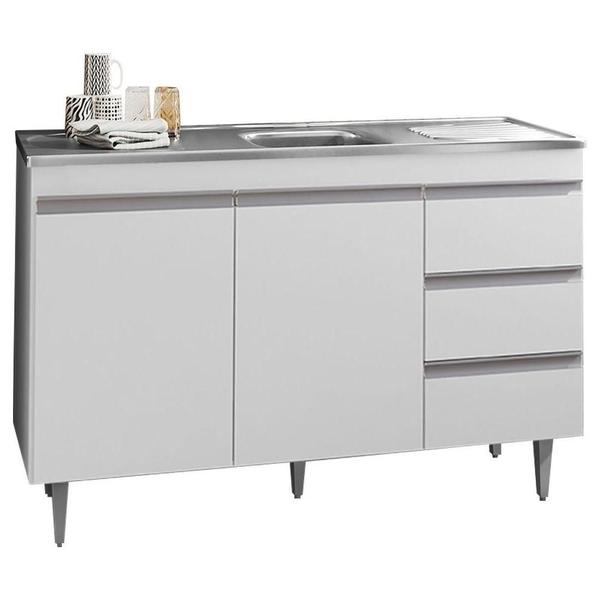 Imagem de Balcão Gabinete Com Pia Inox 120cm 2 Portas 3 Gavetas Andréia Branco