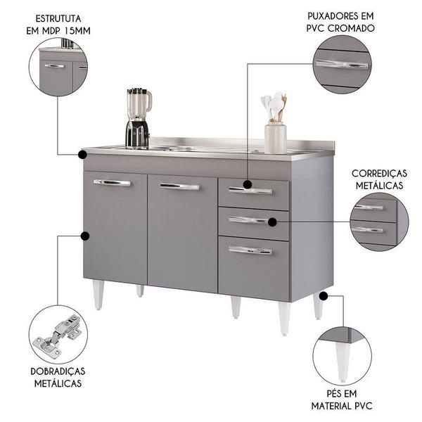 Imagem de Balcão Gabinete Com Pia Inox 120cm 3 Portas 2 Gavetas Suécia Cinza - Lumil