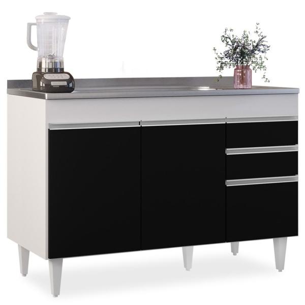 Imagem de Balcão Gabinete com Pia Inox 120cm Michigan Branco/Preto - Lumil