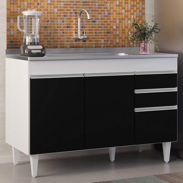 Imagem de Balcão Gabinete com Pia Inox 120cm Michigan Branco/Preto - Lumil