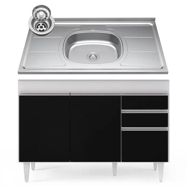 Imagem de Balcão Gabinete Com Pia Inox 120cm Michigan Branco/preto - Lumil