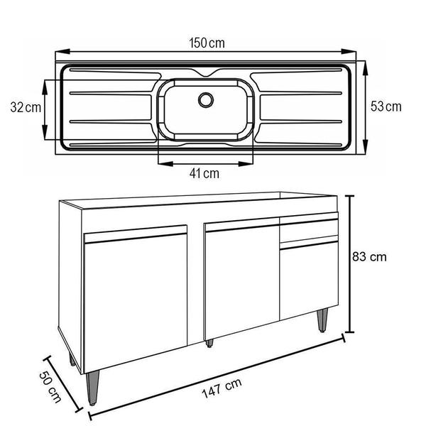 Imagem de Balcão Gabinete Com Pia Inox 150cm 3 Portas 1 Gaveta Dakota Branco - Lumil