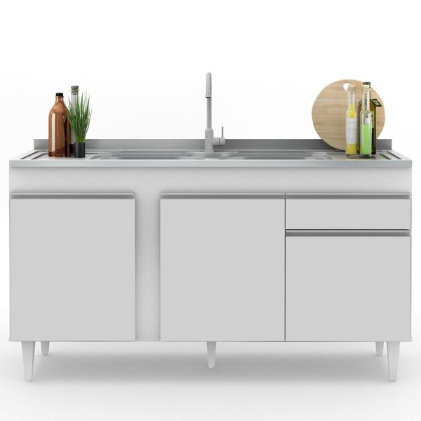 Imagem de Balcão Gabinete com Pia Inox 150cm 3 Portas 1 Gaveta Dakota Branco - Lumil