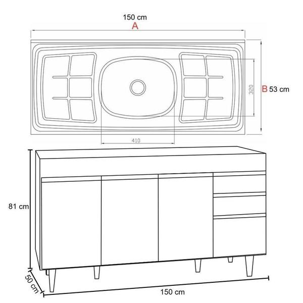 Imagem de Balcão Gabinete com Pia Inox 150cm 4 Portas 2 Gavetas Branco