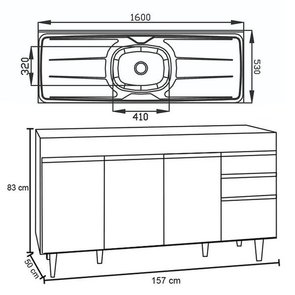 Imagem de Balcão Gabinete Com Pia Inox 160cm Arkansas Preto - Lumil