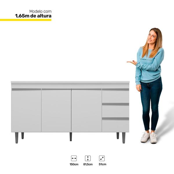 Imagem de Balcão Gabinete Cozinha Andréia 150cm Com Tampo 3 Portas Branco - Desk Design