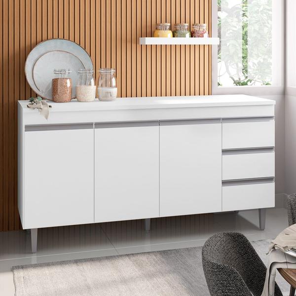 Imagem de Balcão Gabinete Cozinha Andréia 150cm Com Tampo 3 Portas Branco - Desk Design