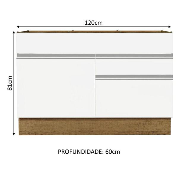 Imagem de Balcão Gabinete de Pia Armário de Cozinha 120 x 60 cm 1 Porta 2 Gavetas Rustic/Branco (Sem Tampo) Glamy Madesa