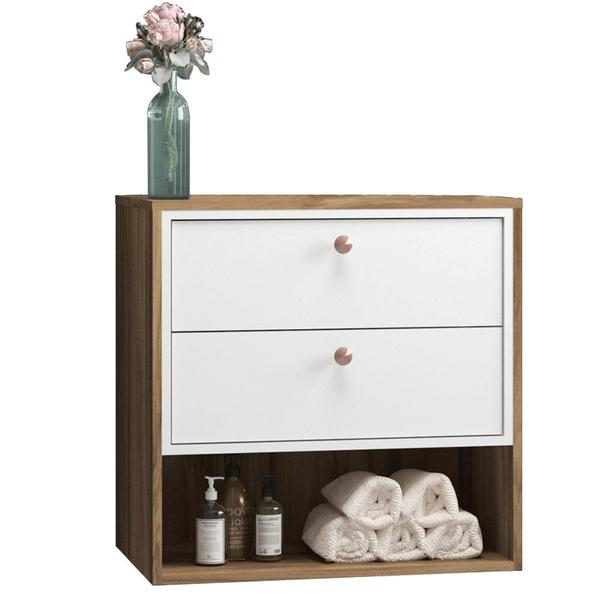 Imagem de Balcão Gabinete Para Banheiro 60cm Com 02 Gavetas Gael B06 Branco Nogal - Lyam Decor