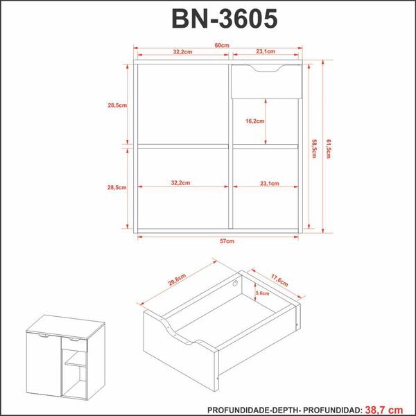 Imagem de Balcão Gabinete para Banheiro sem Cuba Suspenso 60cm com gaveta BN3605 Tecno Mobili