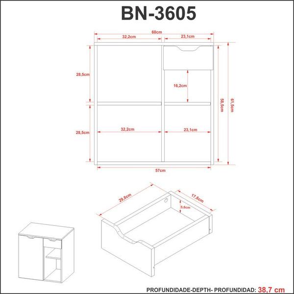 Imagem de Balcão Gabinete para Banheiro Suspenso 60cm com 1 Gaveta e 1 Porta BN3605 Amêndoa