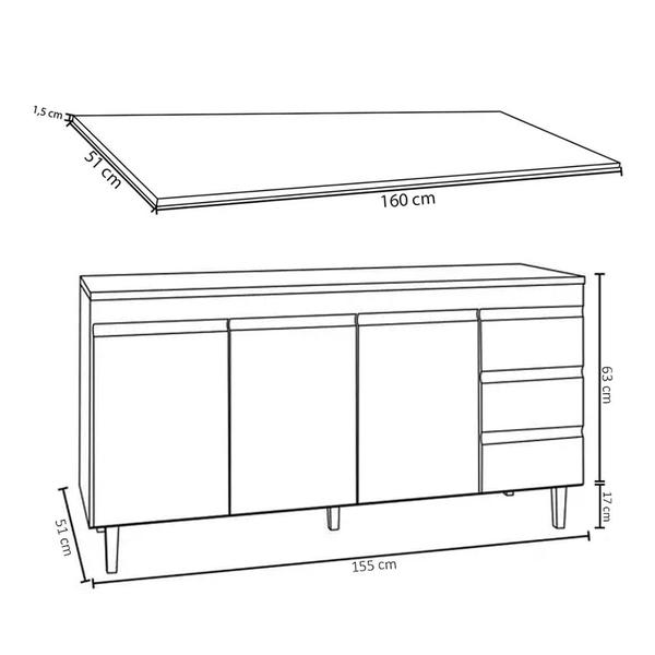 Imagem de Balcão Gabinete Para Pia 160cm com Tampo 3 Portas Andréia Cinza - AJL Móveis