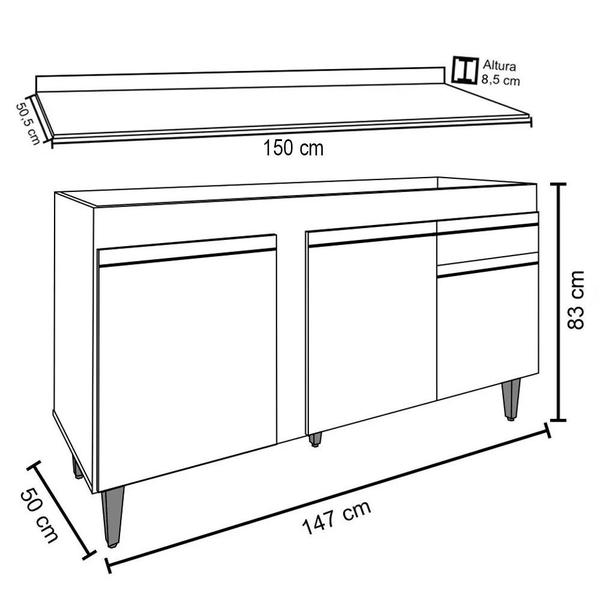 Imagem de Balcão Gabinete para Pia com Tampo 150cm 3 Portas 1 Gaveta Dakota Branco/Preto - Lumil