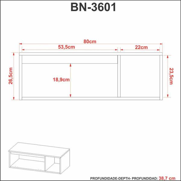 Imagem de Balcão Gabinete Suspenso para Banheiro sem Cuba 80cm BN3601 Tecnomóbili