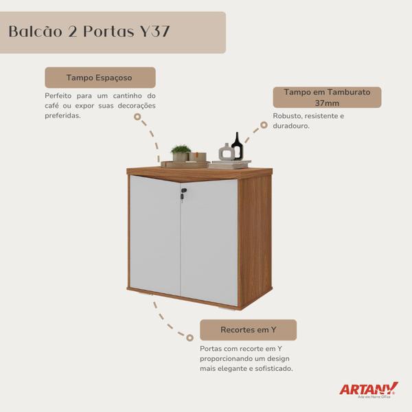 Imagem de Balcão Multiuso para Escritório 2 Portas com Chave e Prateleira Interna Y37 em Tamburato freijó/ Branco