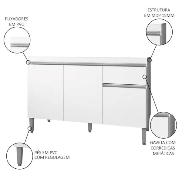 Imagem de Balcão p/ Lavanderia 120cm com tampo Tatiane 3 Portas 1 Gaveta Branco - AJL