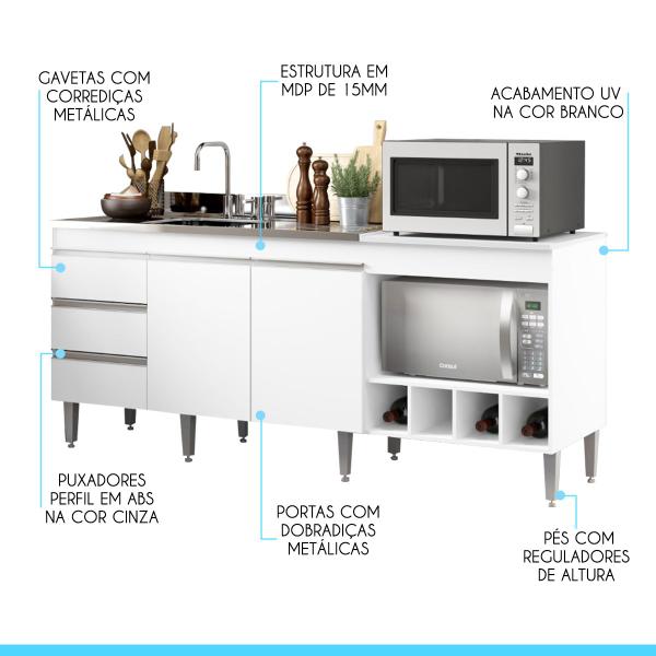 Imagem de Balcão para Cozinha Completo 183 x 52 Cm Nicho Forno/Micro Adega Cooktop Pia MDP Branco 2035 MENU