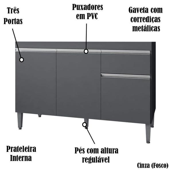 Imagem de Balcao Para Pia 118 cm 3 Portas Tatiane Cinza REAJL