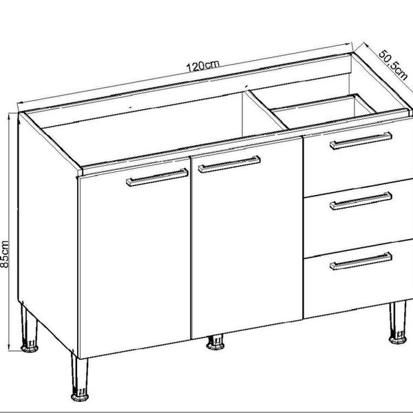 Imagem de Balcão para Pia 120cm 2 Portas 3 Gavetas sem Tampo Conecta Ébano/Fendi