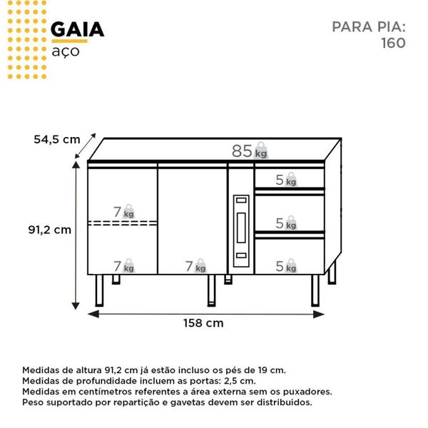 Imagem de Balcão para Pia 160cm em Aço 2 Portas 3 Gavetas Gaia Cozimax