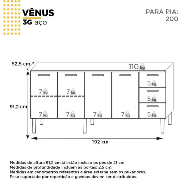 Imagem de Balcão para Pia de Cozinha 200cm 4 Portas 3 Gavetas Vênus