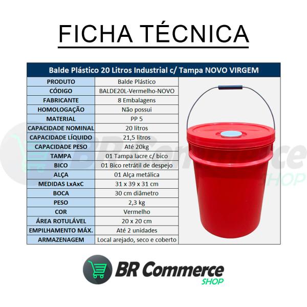 Imagem de Balde 20 Litros Plástico Reforçado Novo Virgem Alimentos