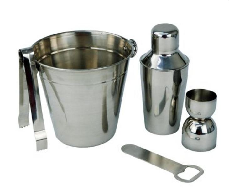 Imagem de Balde de Gelo Coqueteleira Dosador Abridor Pegador KIT BAR 5 Peças de Inox