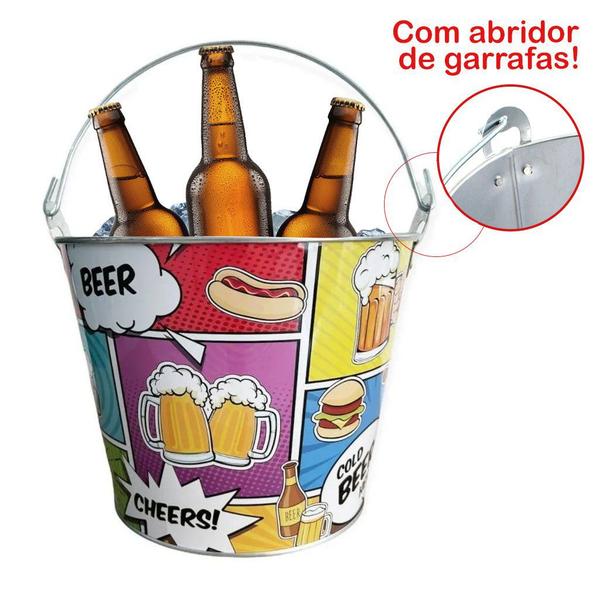 Imagem de Balde De Gelo Para Cerveja Estampado Em Metal Galvanizado Com Abridor 4,8 Litros