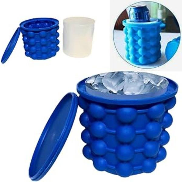 Imagem de Balde De Gelo Silicone Térmico Mantenha A Bebida Gelada Com Tampa Mini Balde Azul Piscina Praia