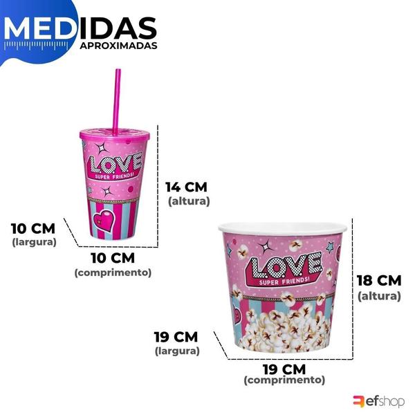 Balde de Pipoca 3L + 02 Copo 550ml Com Tampa Reta Canudo - Usual Utilidades Imagem de Balde de Pipoca 3L + 02 Copo 550ml Com Tampa Reta Canudo