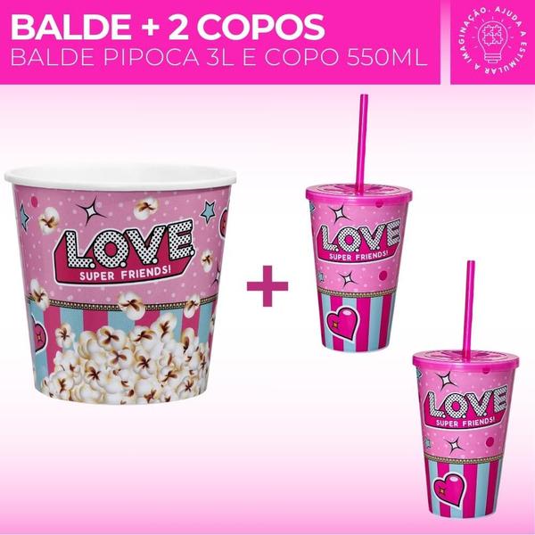 Balde de Pipoca 3L + 02 Copo 550ml Com Tampa Reta Canudo - Usual Utilidades Imagem de Balde de Pipoca 3L + 02 Copo 550ml Com Tampa Reta Canudo