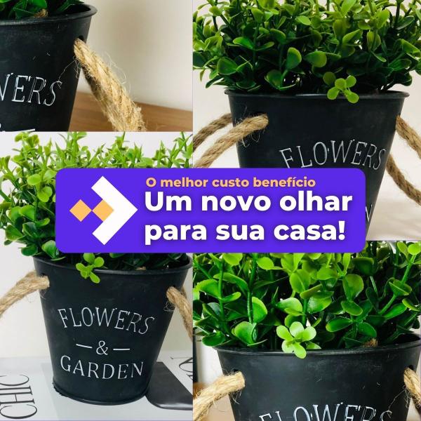 Imagem de Balde De Vaso Com Alça E Plantinha Atificial Decorativa Plantas Artificiais