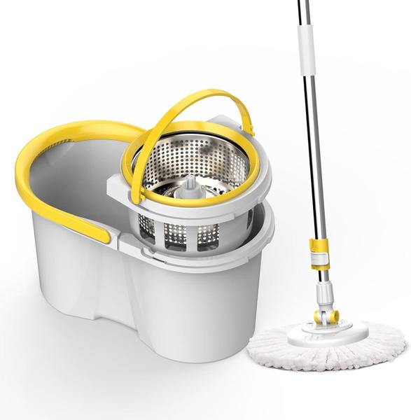 Imagem de Balde Mop PRO Esfregão Com Cesto Inox Cabo 1,60 Metros Com 3 Refis - 1 Microfibra, 1 Limpeza Pó, 1 Microfibra