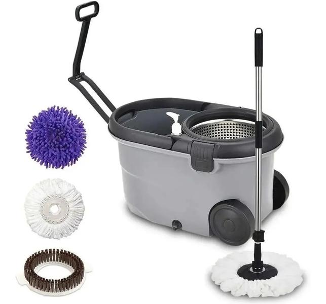 Imagem de Balde Perfect Mop Move Inox 3 Refis Recipiente Sabão E Rodas +02 Refil Extra Limpeza Geral