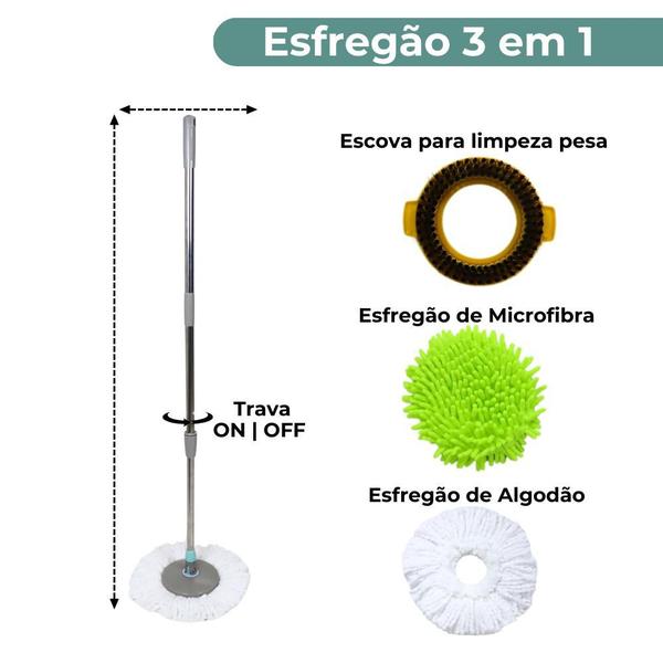 Imagem de Balde Spin Mop Esfregão Cesto Inox 360º Completo 3 Refis Rodinhas Limpeza