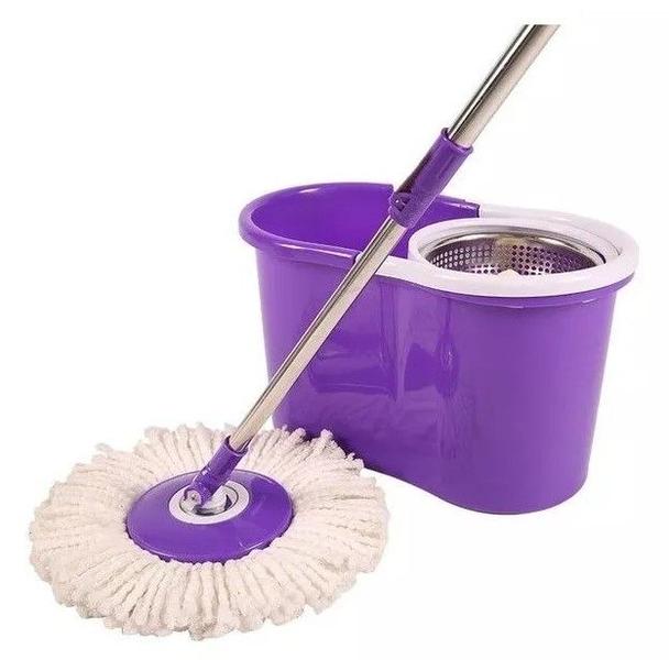 Imagem de Balde Spin Mop Esfregão Giratório Cesto Inox + 1 Refil de microfibra Roxo