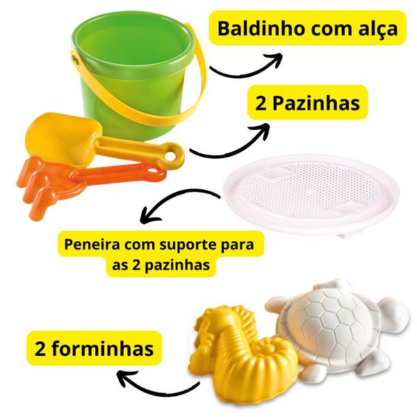 Imagem de Baldinho De Praia Infantil Com Pazinha Garfo Peneira E 2 Forminhas